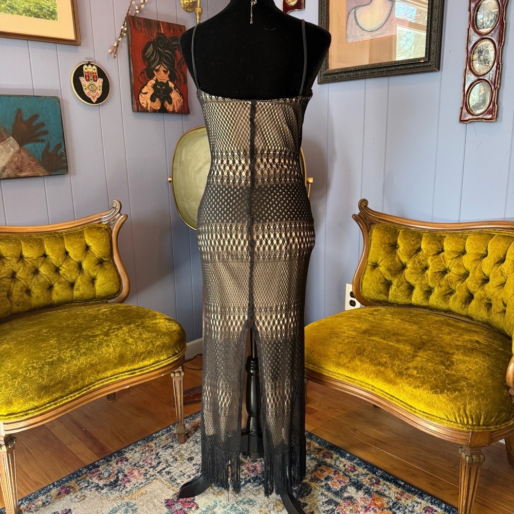 Vintage 90s/Y2K Fredericks of Hollywood Black Crochet Lace Fringed Maxi Dress - Picture 3 of 11